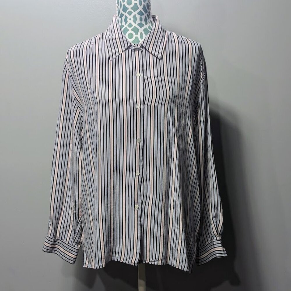 100 % SILK Talbots Button Down Blue, Red and Black Stripped Size 18